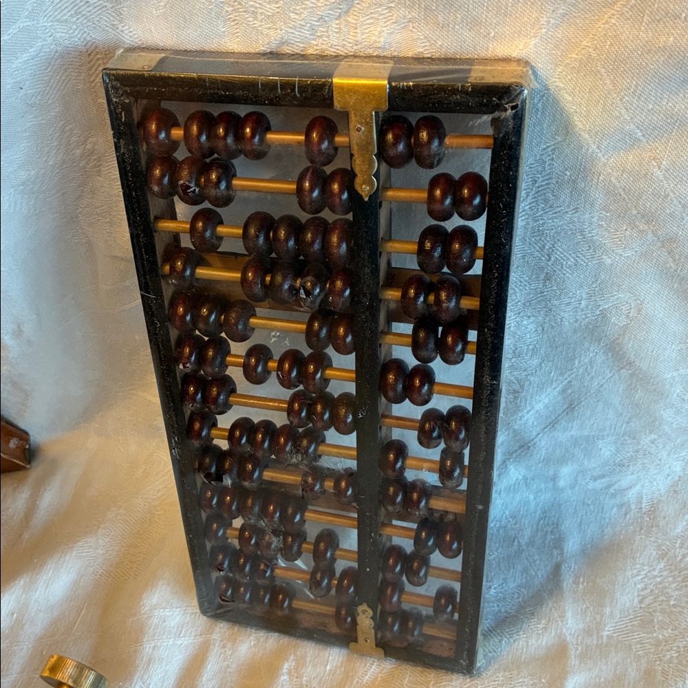 Vintage Chinese Wooden Abacus with Dark Beads and Brass Accents New In Packaging